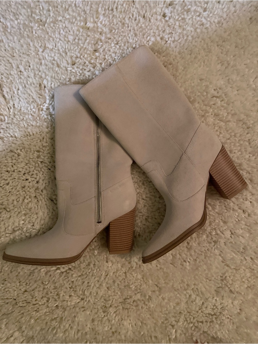 Franco Sarto Light Beige Suede Mid-Calf Block Heel Boots - Picture 2 of 8